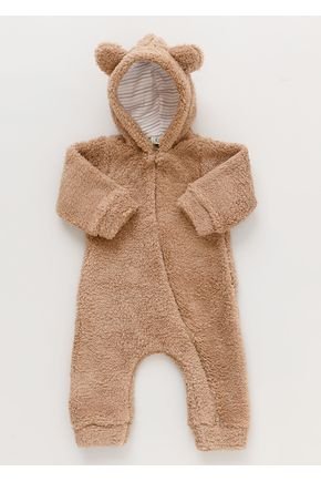 Macacão Ursinho de Pelo Sherpa com Ziper Duplo, Touca e Orelinhas