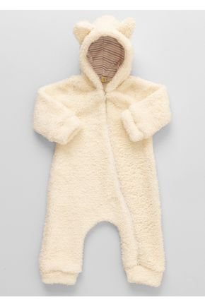 Macacão Ursinho de Pelo Sherpa com Ziper Duplo, Touca e Orelinhas