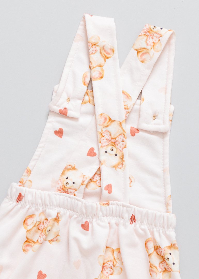 03 romper jardineira bebe ursinho rosa com laco