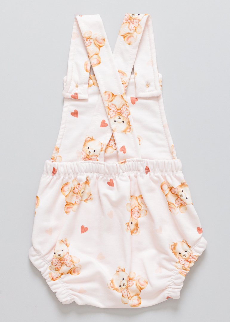 04 romper jardineira bebe ursinho rosa com laco