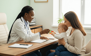 médica pediatra brincando com bebê no colo de sua mãe
