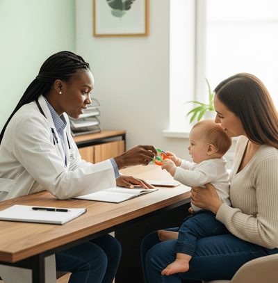 médica pediatra brincando com bebê no colo de sua mãe