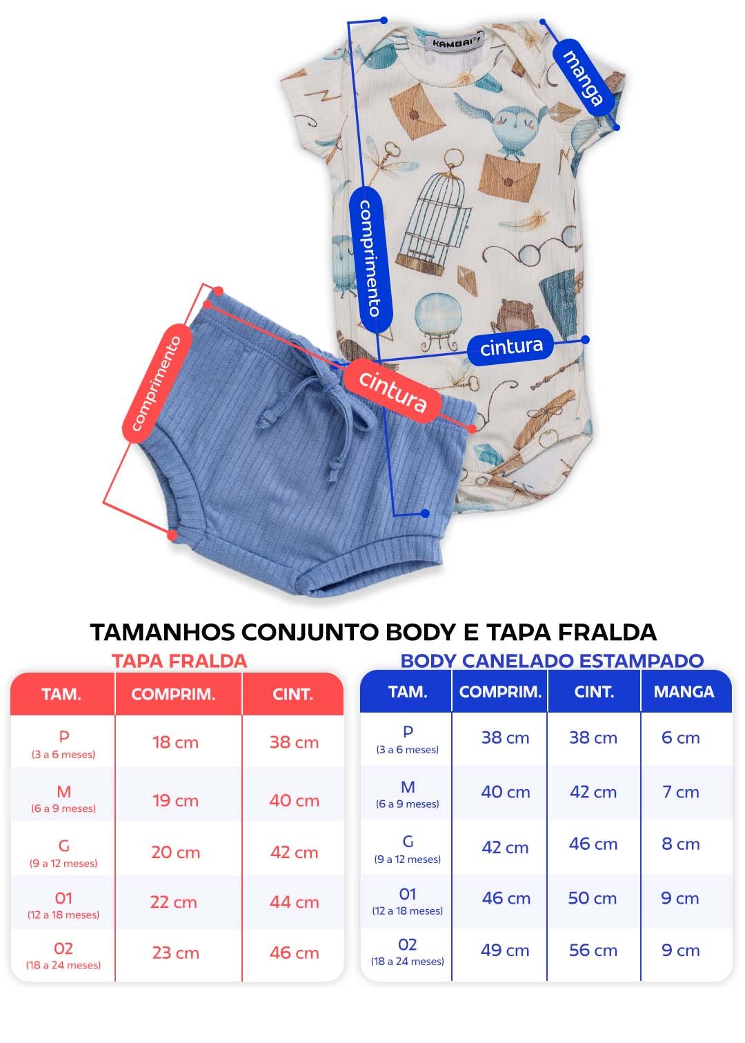 tabela conjunto body estampado e tapa fralda