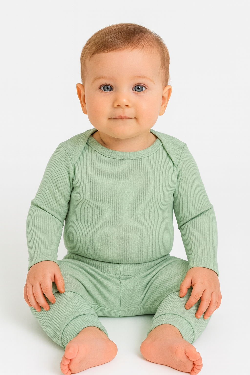 Conjunto body manga longa e calça canelada verde pastel para bebê – Kambai