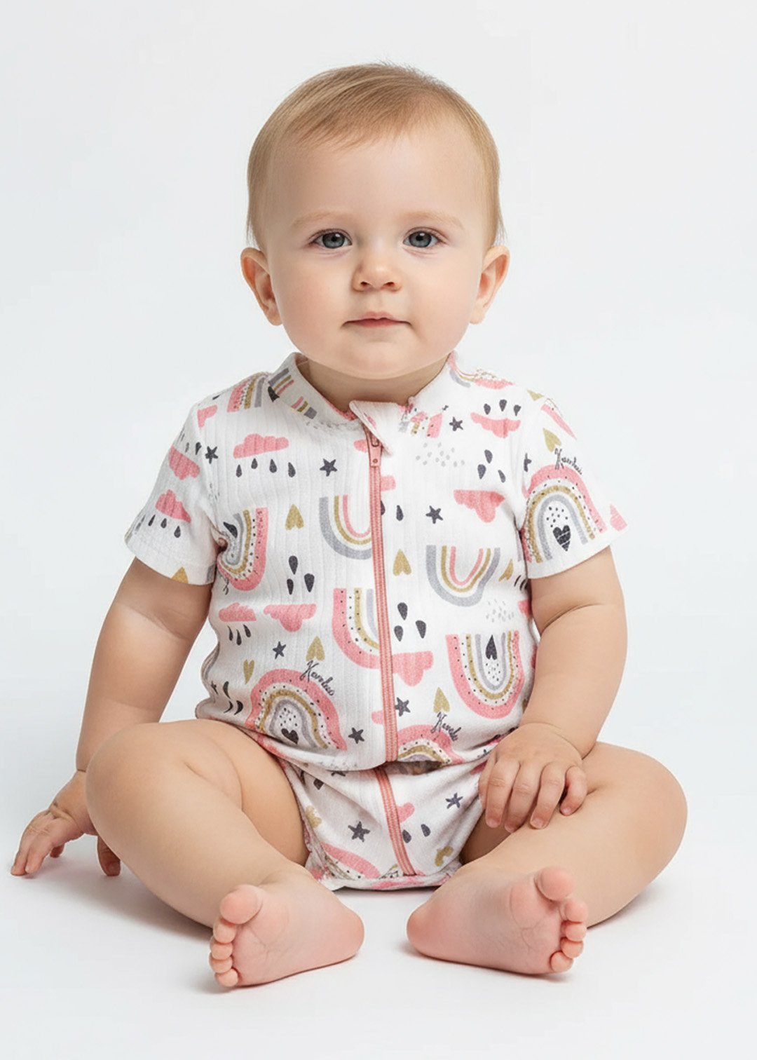 macacao bebe curto de malha canelado arco iris