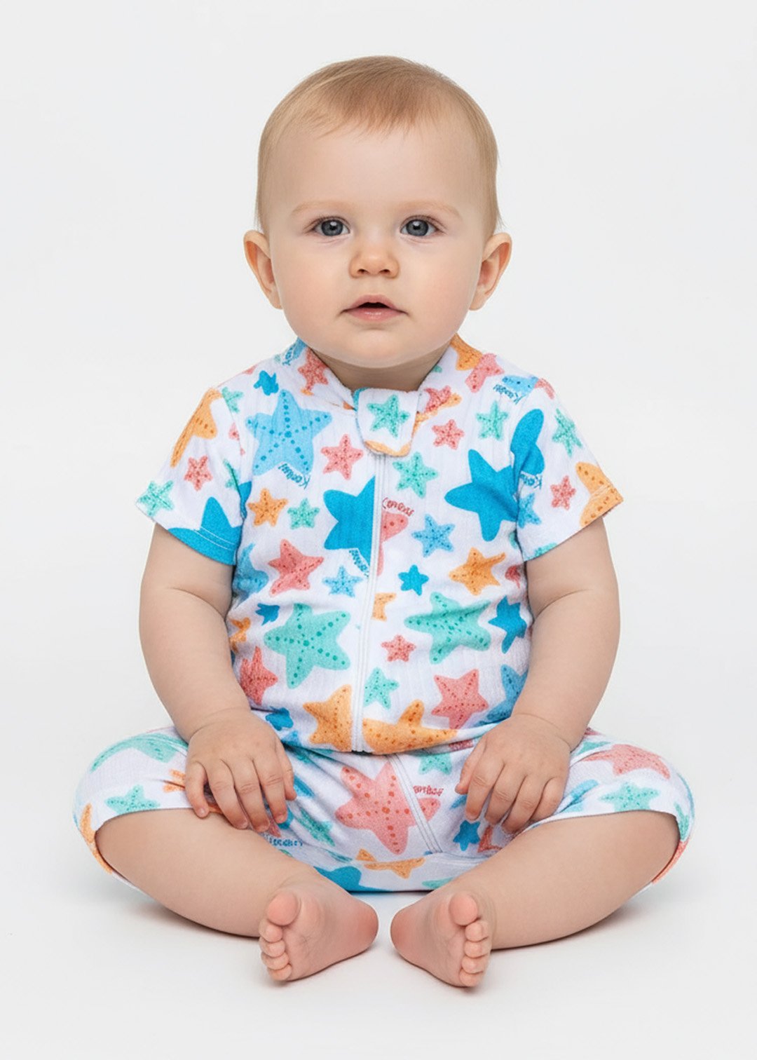 macacao bebe curto de malha canelado estrelas do mar