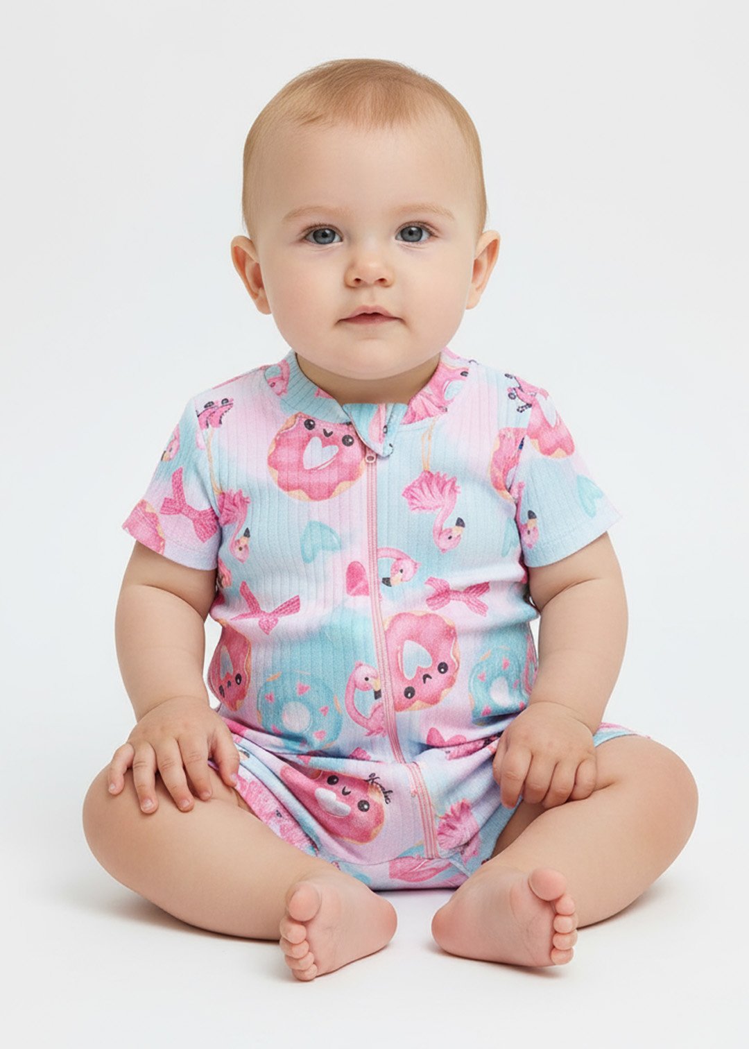 macacao bebe curto de malha canelado flamingo