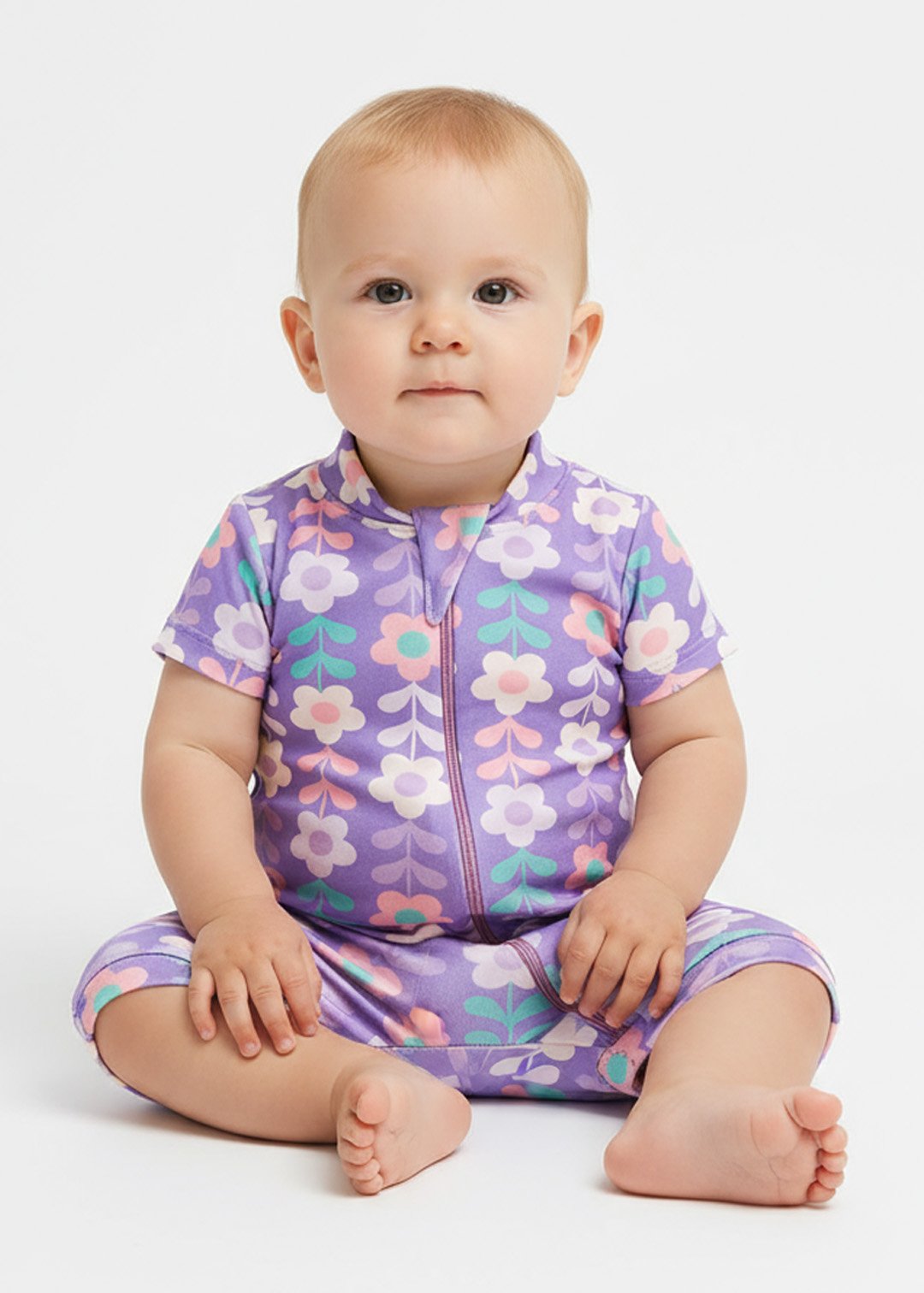 macacao bebe flores roxo curto