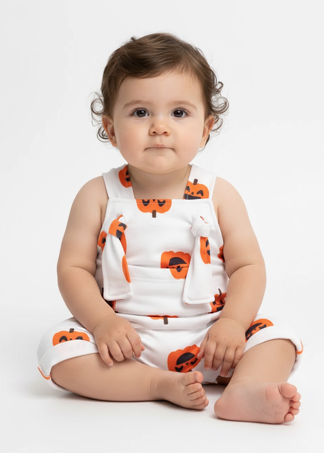 jardineira bebe curta halloween abobora