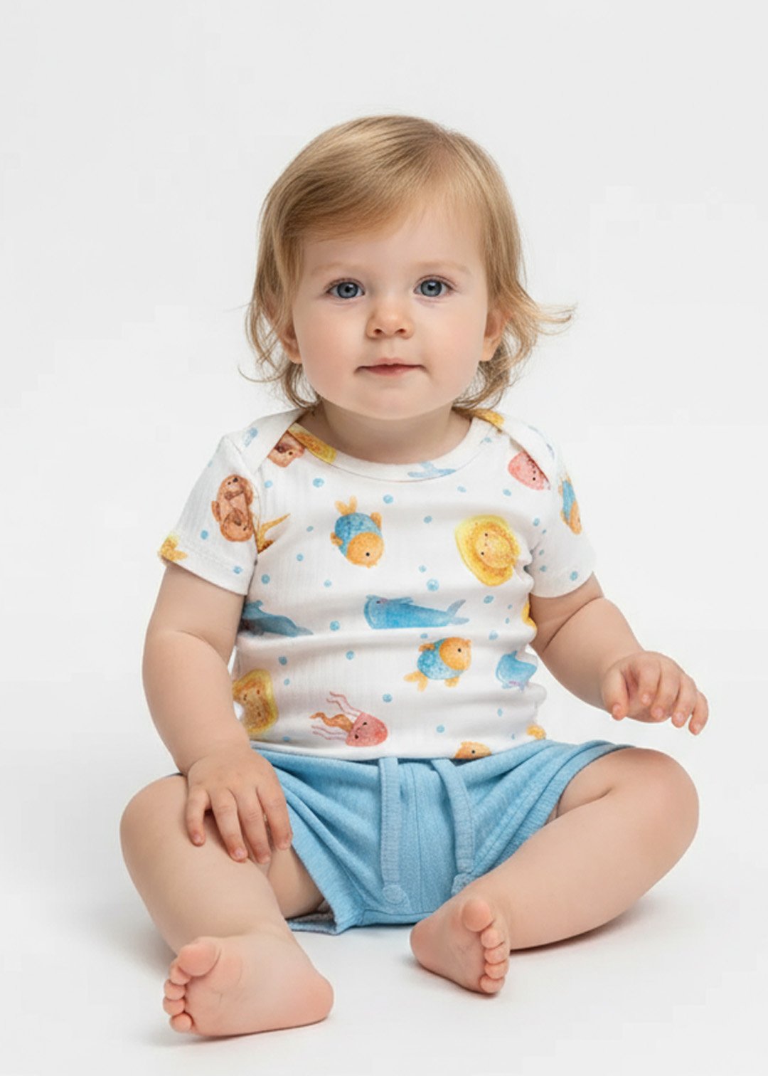 conjunto body estampado animais marinhos oceano e tapa fralda