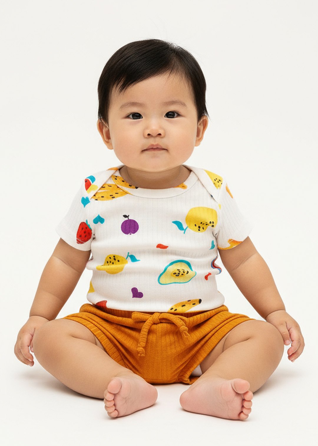 conjunto body estampado frutas tropicais e tapa fralda