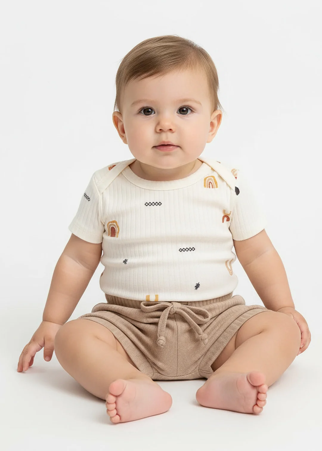 conjunto body estampado minimalista arco iris e tapa fralda