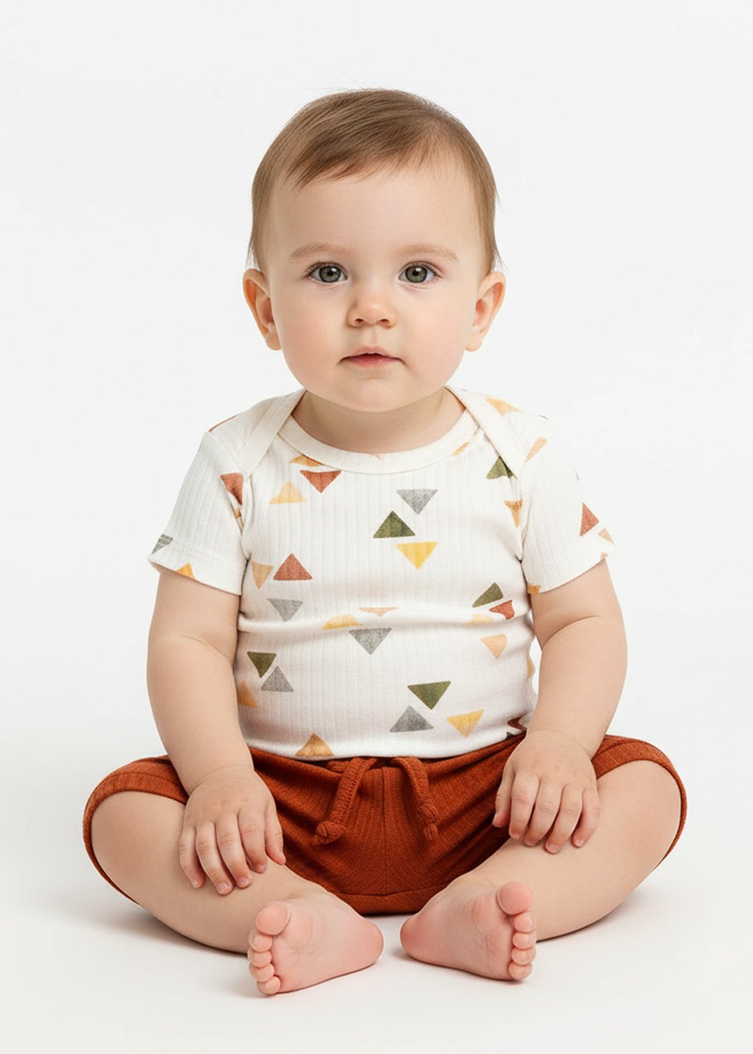 conjunto body estampado minimalista triangulos e tapa fralda