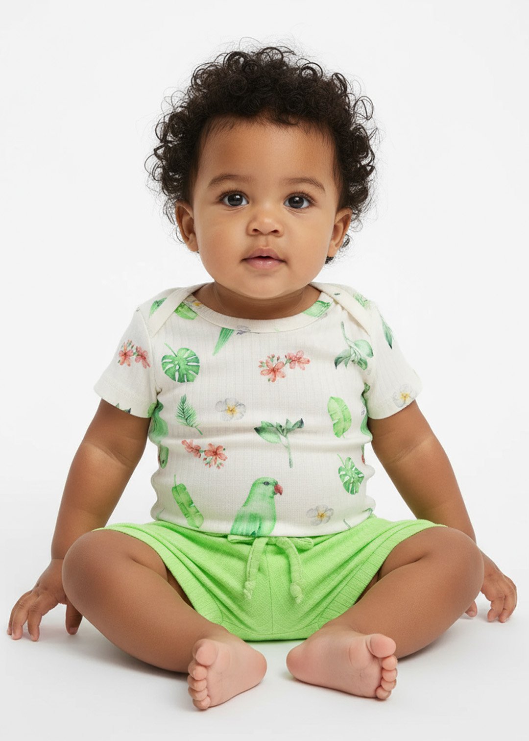 conjunto body estampado papagaio e tapa fralda