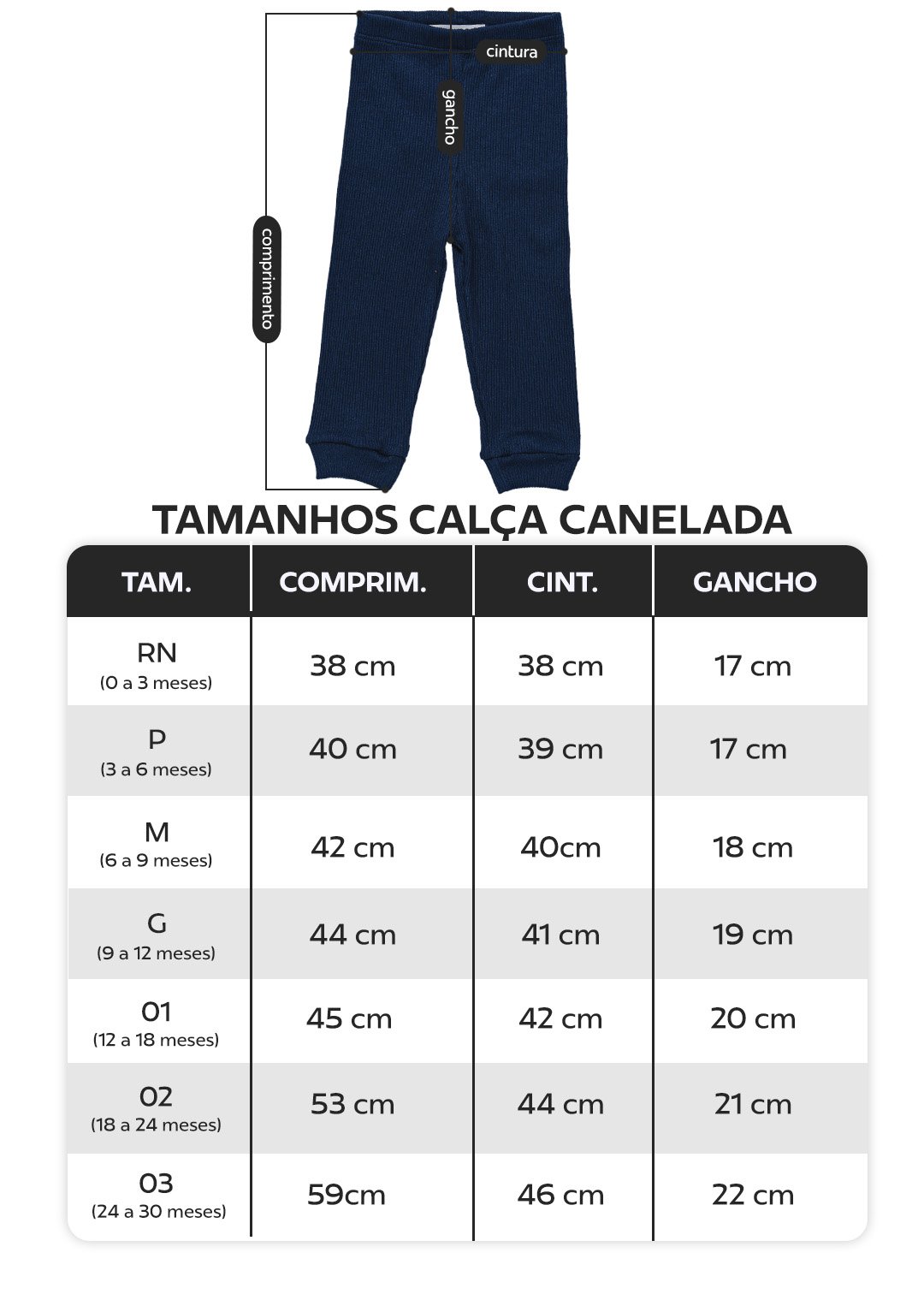 tabela calca canelada nova em preto