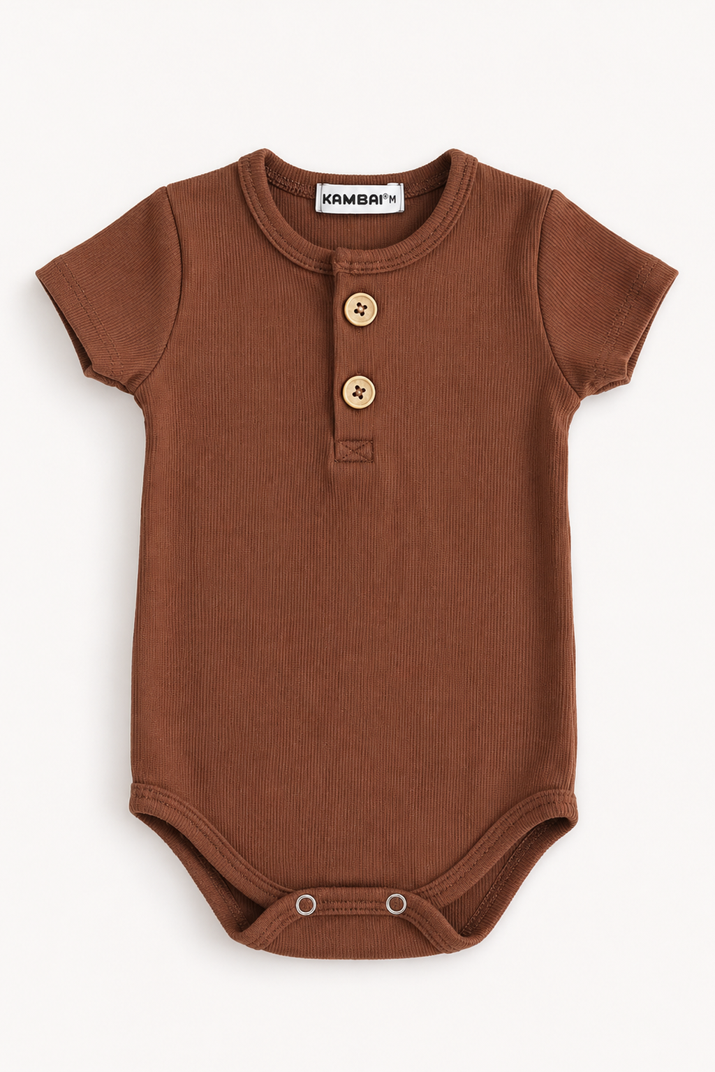Body Bebe Manga Curta Canelado Botão Premium   | Marrom Chocolate
