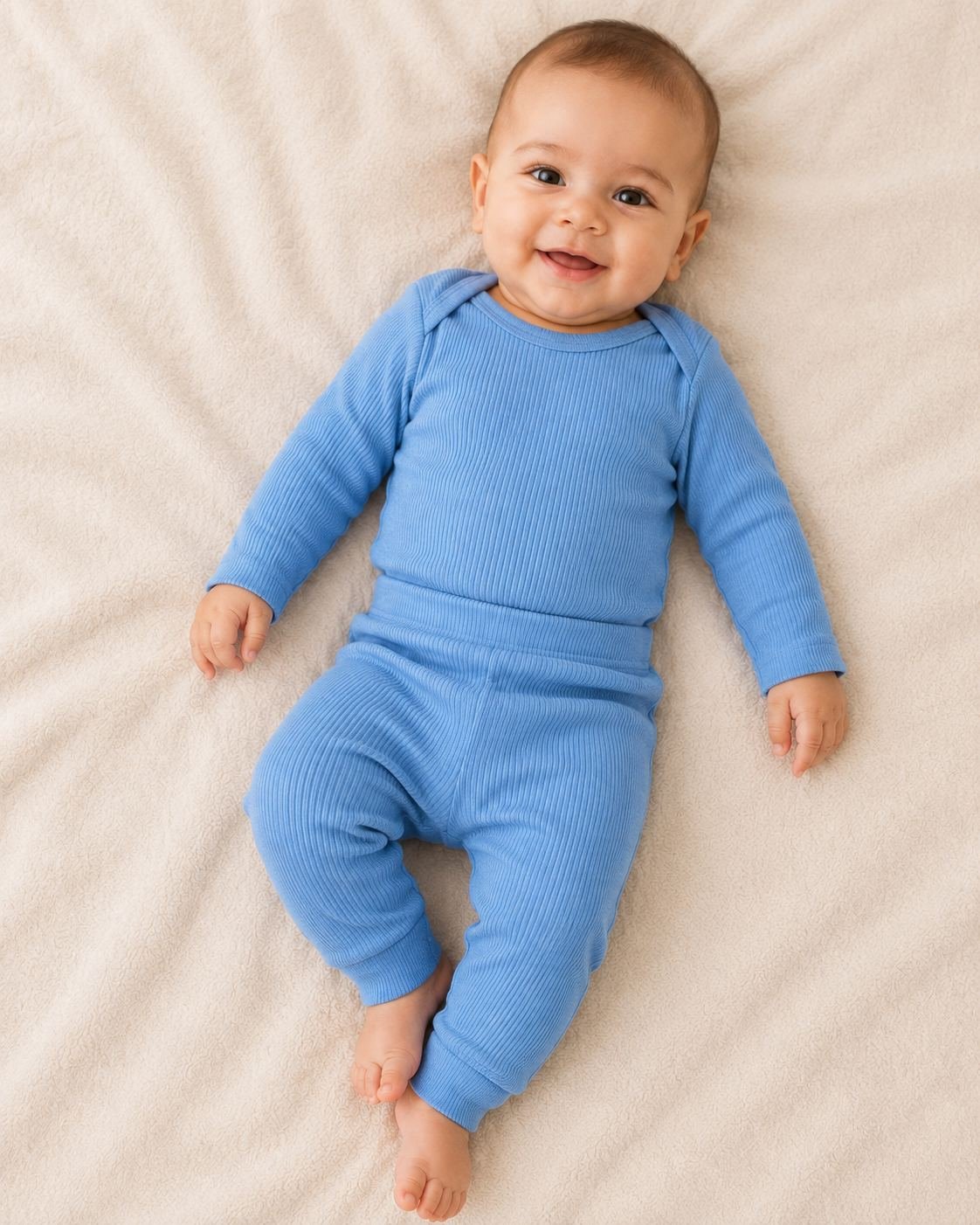 Conjunto Canelado 100% Algod&atilde;o para Beb&ecirc; na cor Azul